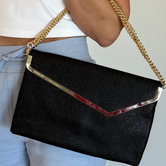 Henri Bendel Leather Clutch Black with Gold Trim and Chain - Picture 6 of 9